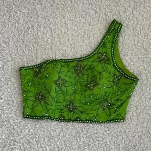Therese Women’s Vibrant Green One-Shoulder Beaded Floral Crop Top (size 8)